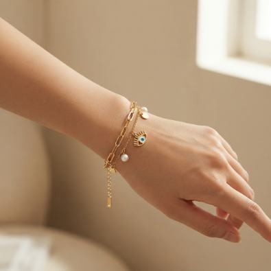 Layered Evil Eye & Pearl Charm Bracelet On-Body view