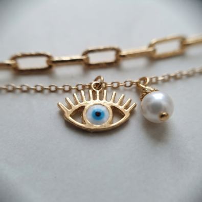 Layered Evil Eye & Pearl Charm Bracelet Detail view