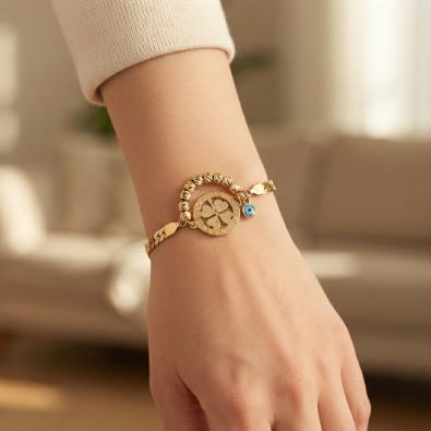 Greek Key Clover Medallion Bracelet On-Body view