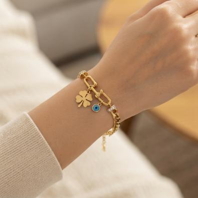 Clover & Evil Eye Charm Bracelet On-Body view