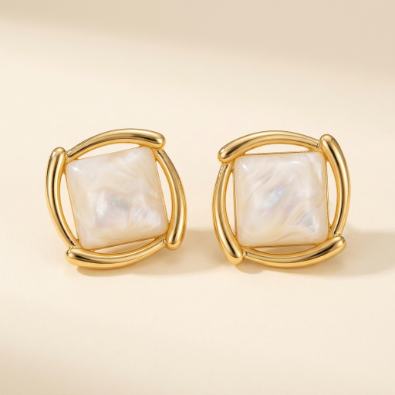Gold-Rimmed Faux Pearl Square Studs