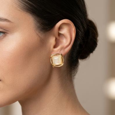 Gold-Rimmed Faux Pearl Square Studs On-Body view