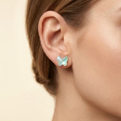 Mint Shimmer Butterfly Crystal Studs On-Body view