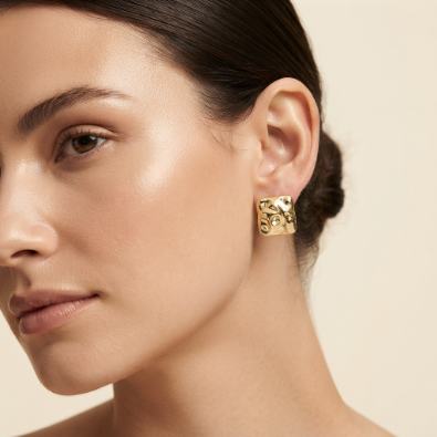 Gold Molten Square Studs On-Body view