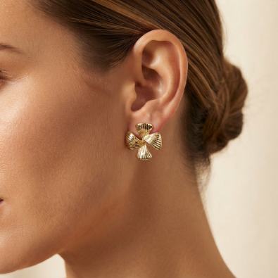 Gold Textured Flower Studs On-Body view