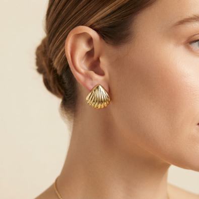 Gold Ribbed Shell Studs On-Body view