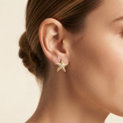Gold Textured Starfish Studs On-Body view