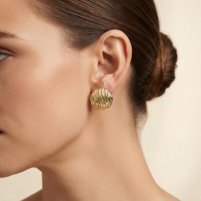 Gold Textured Round Button Studs On-Body view