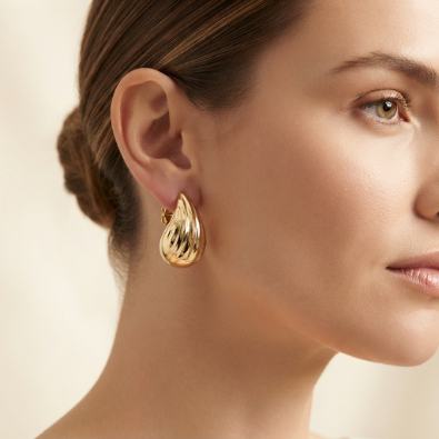 Gold Flame Textured Teardrop Studs On-Body view