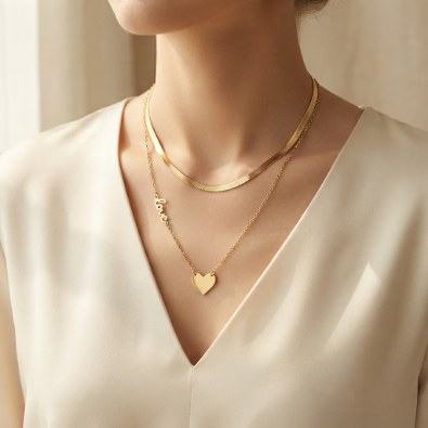 Herringbone & Love Heart Layered Necklace On-Body view