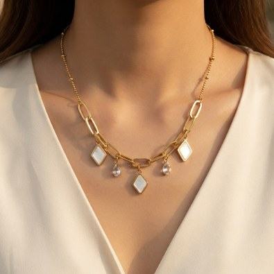 Paperclip Chain Mother-of-Pearl Charm Necklace On-Body view