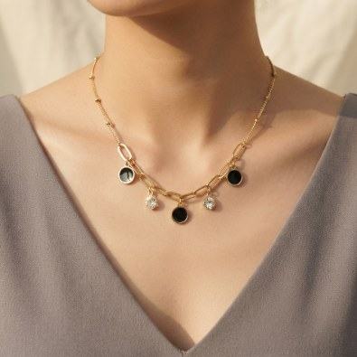Paperclip Chain Black Stone Charm Necklace On-Body view