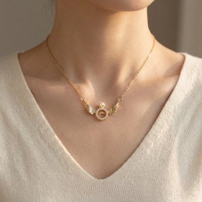 Angel Wing Dolphin Ring Pendant Necklace On-Body view