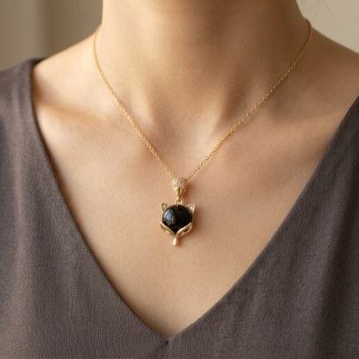 Fox Face Black Stone Pendant Necklace On-Body view