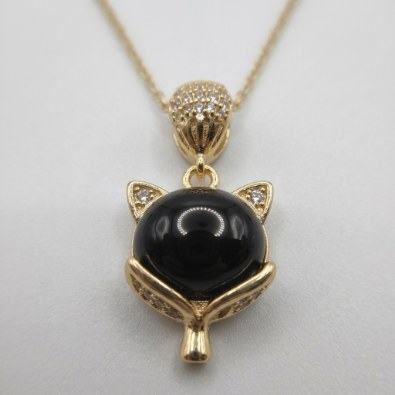 Fox Face Black Stone Pendant Necklace Detail view
