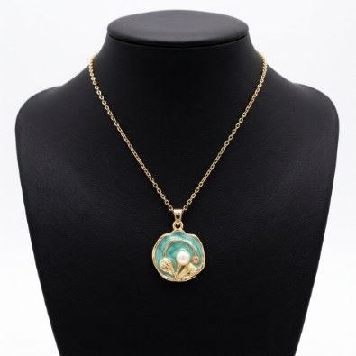 Teal Enamel Pearl Flower Pendant Necklace