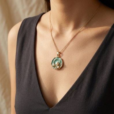 Teal Enamel Pearl Flower Pendant Necklace On-Body view