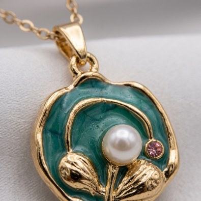 Teal Enamel Pearl Flower Pendant Necklace Detail view
