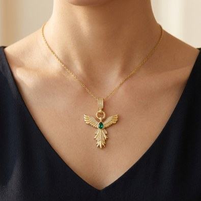 Phoenix Wing Emerald Pendant Necklace On-Body view