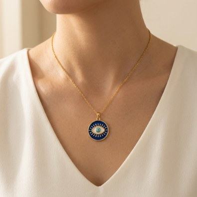 Evil Eye Round Medallion Necklace On-Body view