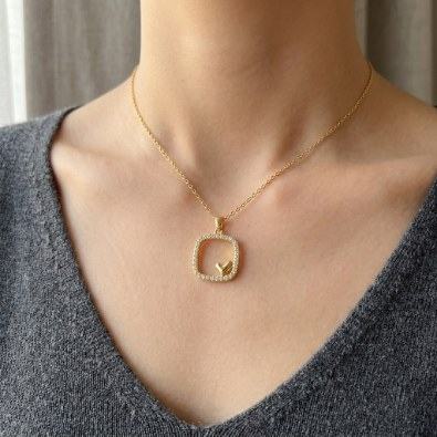 Pavé Square Heart Pendant Necklace On-Body view