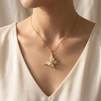 Sculpted Mother-of-Pearl Butterfly Pendant Necklace On-Body view