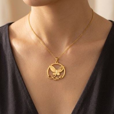 Love Butterfly Circle Pendant Necklace On-Body view