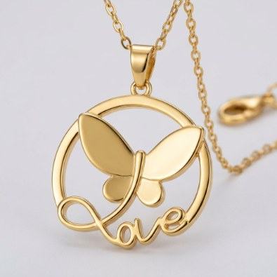 Love Butterfly Circle Pendant Necklace Detail view