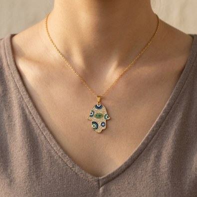 Hamsa Hand Evil Eye Pendant Necklace On-Body view