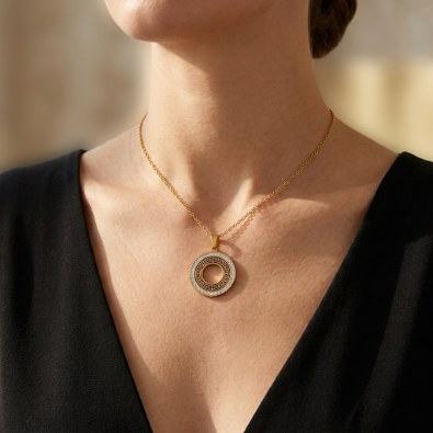 Greek Key Pavé Circle Pendant Necklace On-Body view