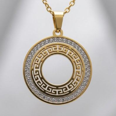 Greek Key Pavé Circle Pendant Necklace Detail view