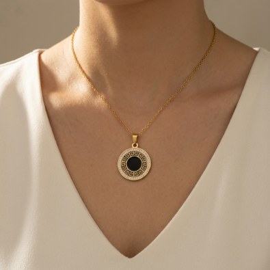 Greek Key Black Stone Medallion Necklace On-Body view