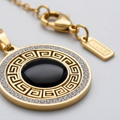 Greek Key Black Stone Medallion Necklace Detail view