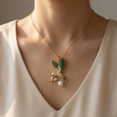 Hummingbird Pearl Pendant Necklace On-Body view
