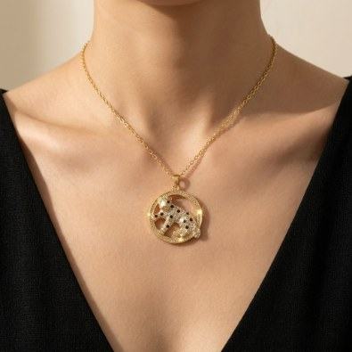 Leopard Circle Pendant Necklace On-Body view