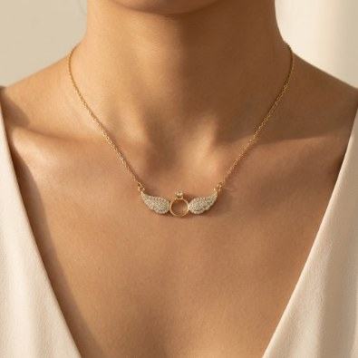 Pavé Wing Ring Pendant Necklace On-Body view