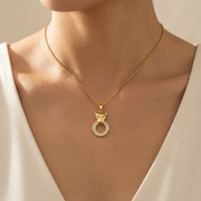 Tiger Head Circle Pendant Necklace On-Body view