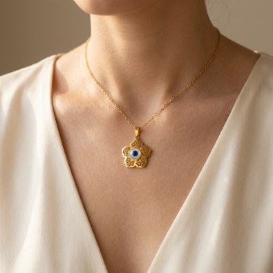 Floral Filigree Evil Eye Pendant Necklace On-Body view