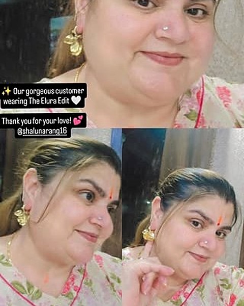 Customer wearing The Elura Edit gold-tone earrings